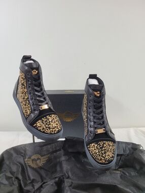 New Men Luxury Diamond Rhinestones Genuine Leather Sneakers Black&Gold  $30